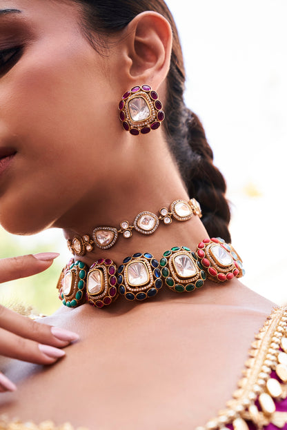 Gold Plated Navratna Stone Choker Necklace Set