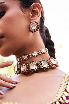 Gold Plated Navratna Stone Choker Necklace Set