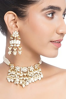 Gold Plated Green Onyx & Pearl Choker Necklace Set