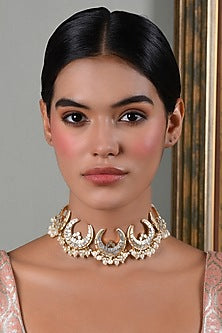 Gold Plated Green Onyx & Pearl Choker Necklace Set