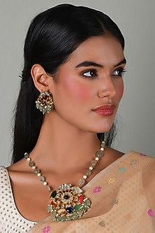 Gold Plated Green Onyx & Pearl Long Necklace Set