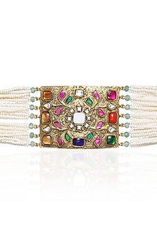 Gold Plated Navratna Stone Choker Necklace Set