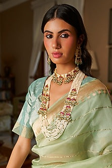 Gold Plated Green Onyx & Pearl Long Necklace Set