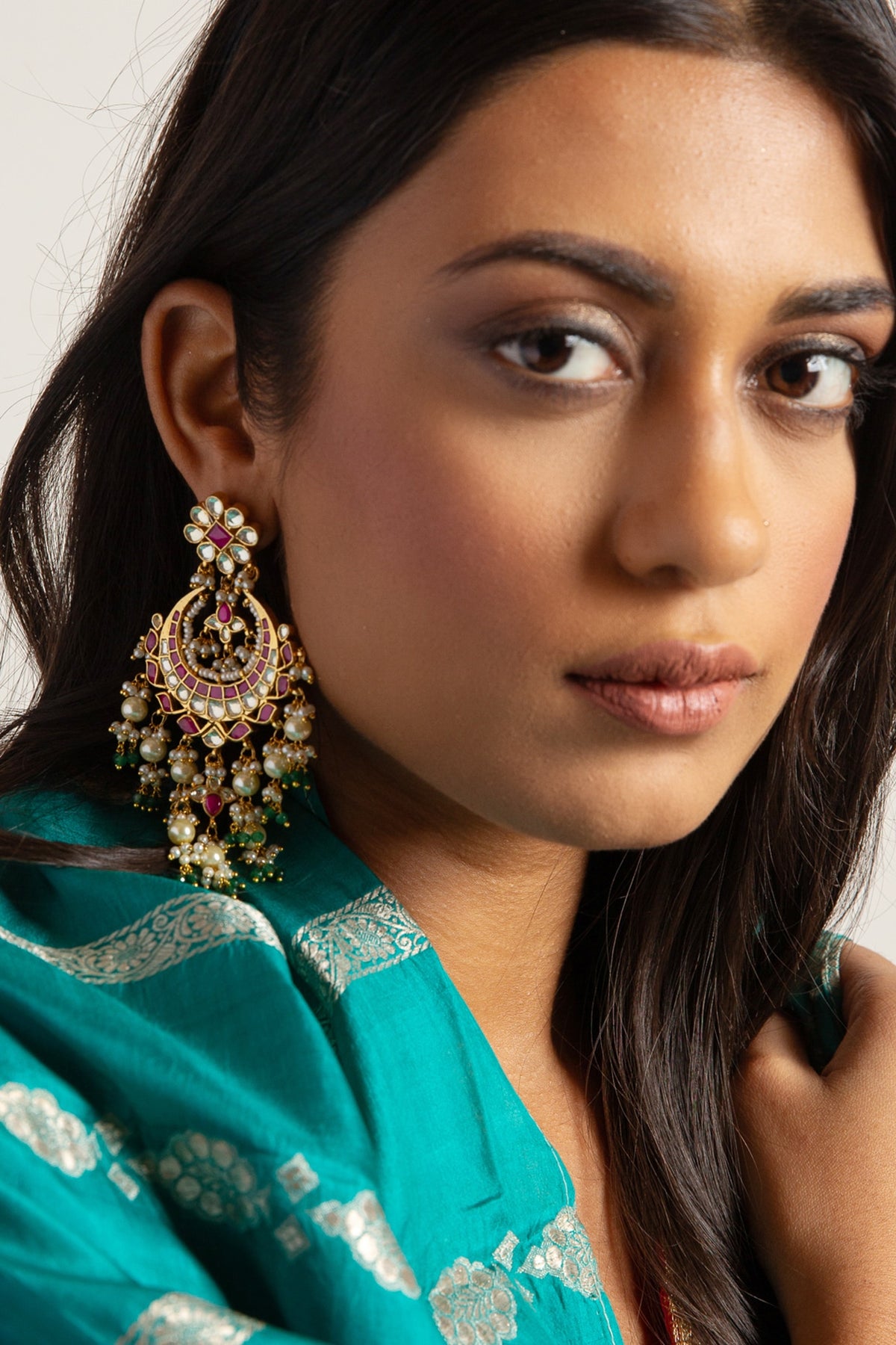 Gold Plated Green Onyx & Pearl Chandbali Earrings