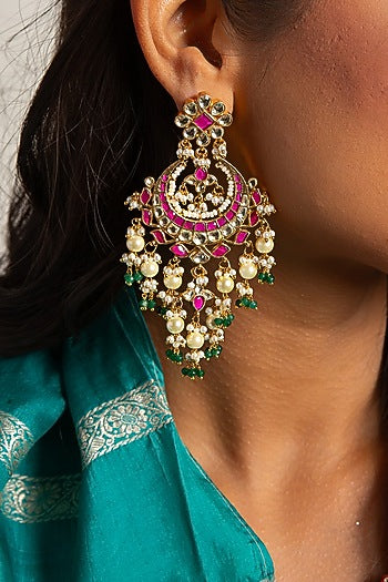 Gold Plated Green Onyx & Pearl Chandbali Earrings