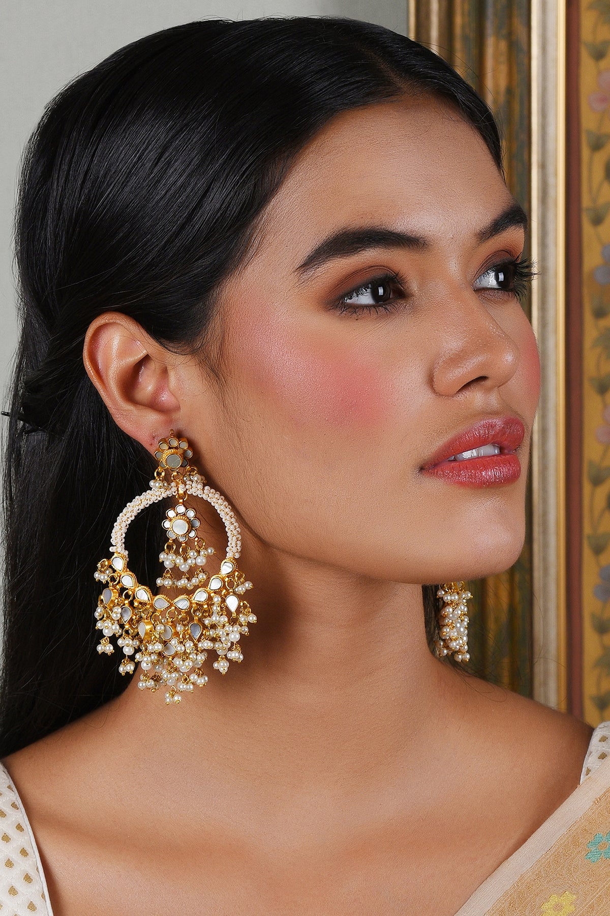 Gold Plated White Pearl Chandbali Earrings