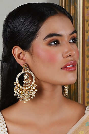 Gold Plated White Pearl Chandbali Earrings