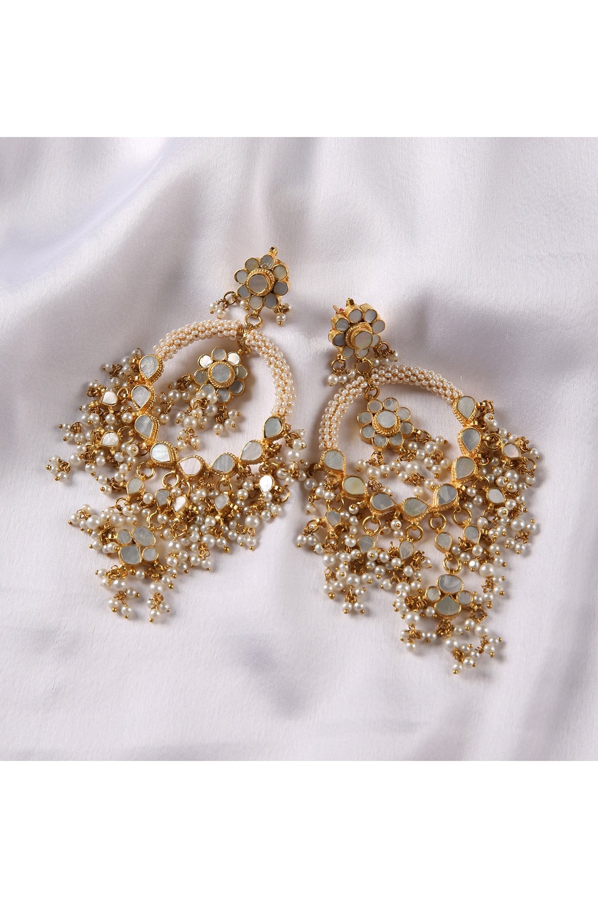 Gold Plated White Pearl Chandbali Earrings