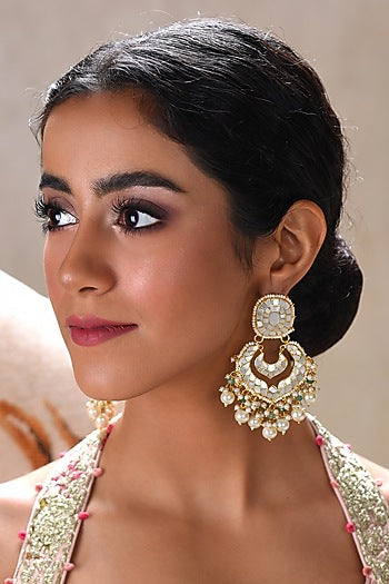 Gold Plated White Pearl Chandbali Earrings