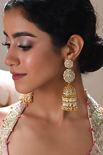 Gold Plated White Pearl Jhumka Earrings