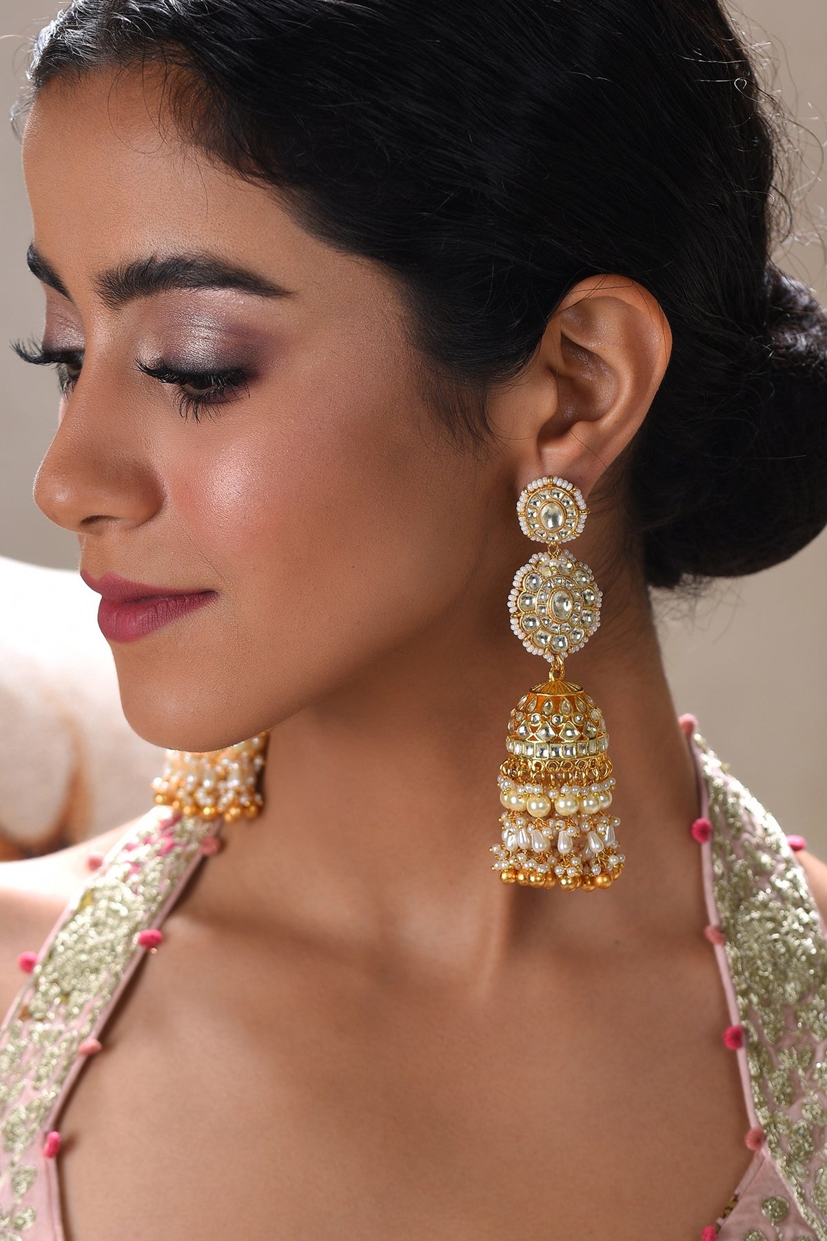 Gold Plated White Pearl Jhumka Earrings