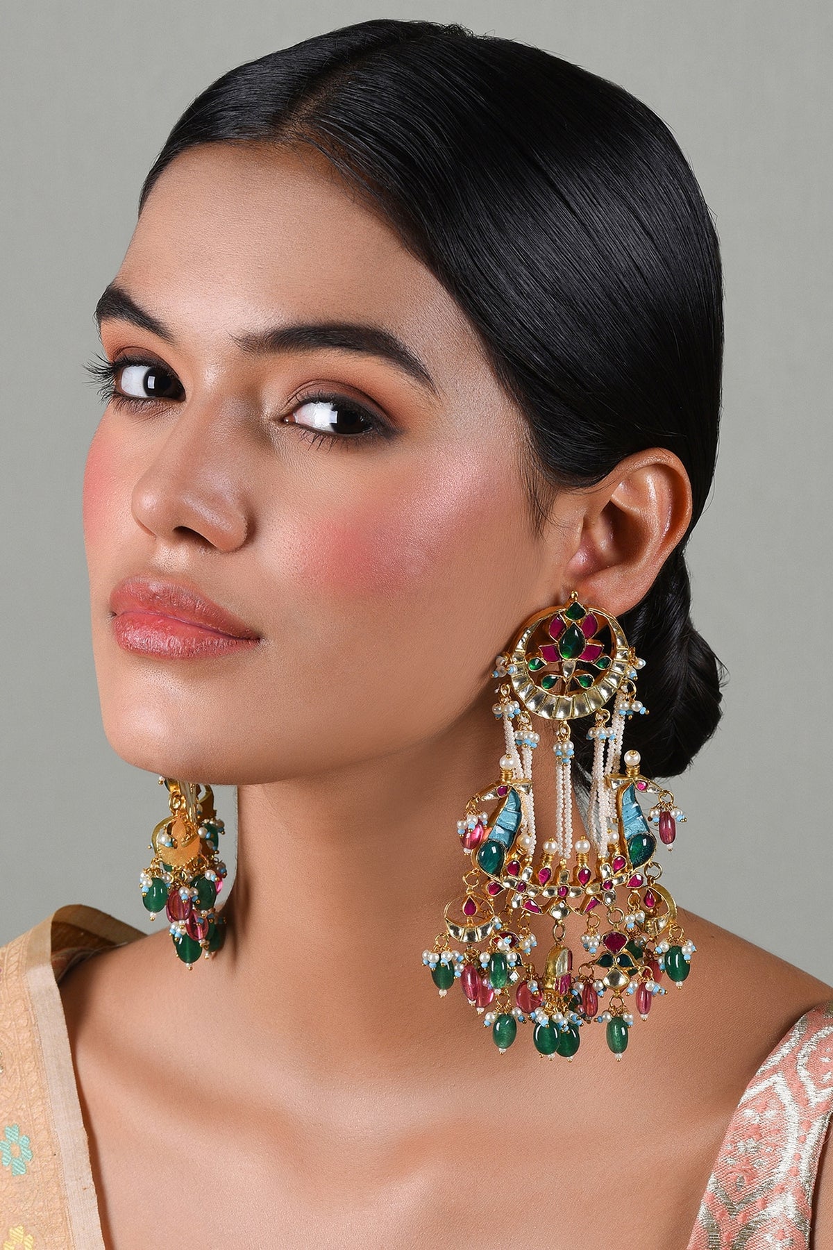 Gold Plated Green Onyx & Pink Pearl Dangler Earrings