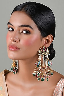 Gold Plated Green Onyx & Pink Pearl Dangler Earrings