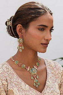 Gold Finish Green Kundan Polki Long Necklace Set