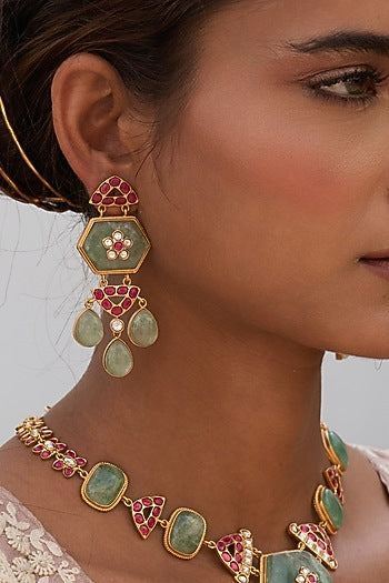 Gold Finish Green Kundan Polki Long Necklace Set
