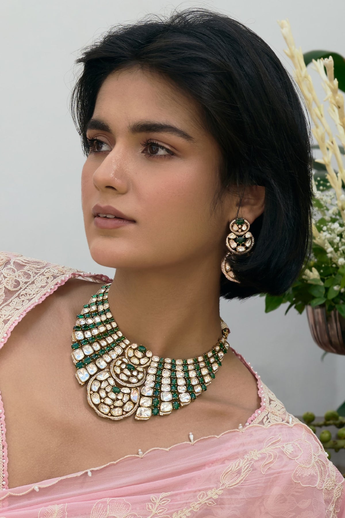 Gold Finish Green Kundan Polki Necklace Set