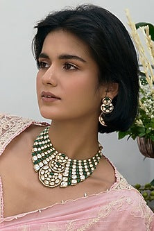 Gold Finish Green Kundan Polki Necklace Set