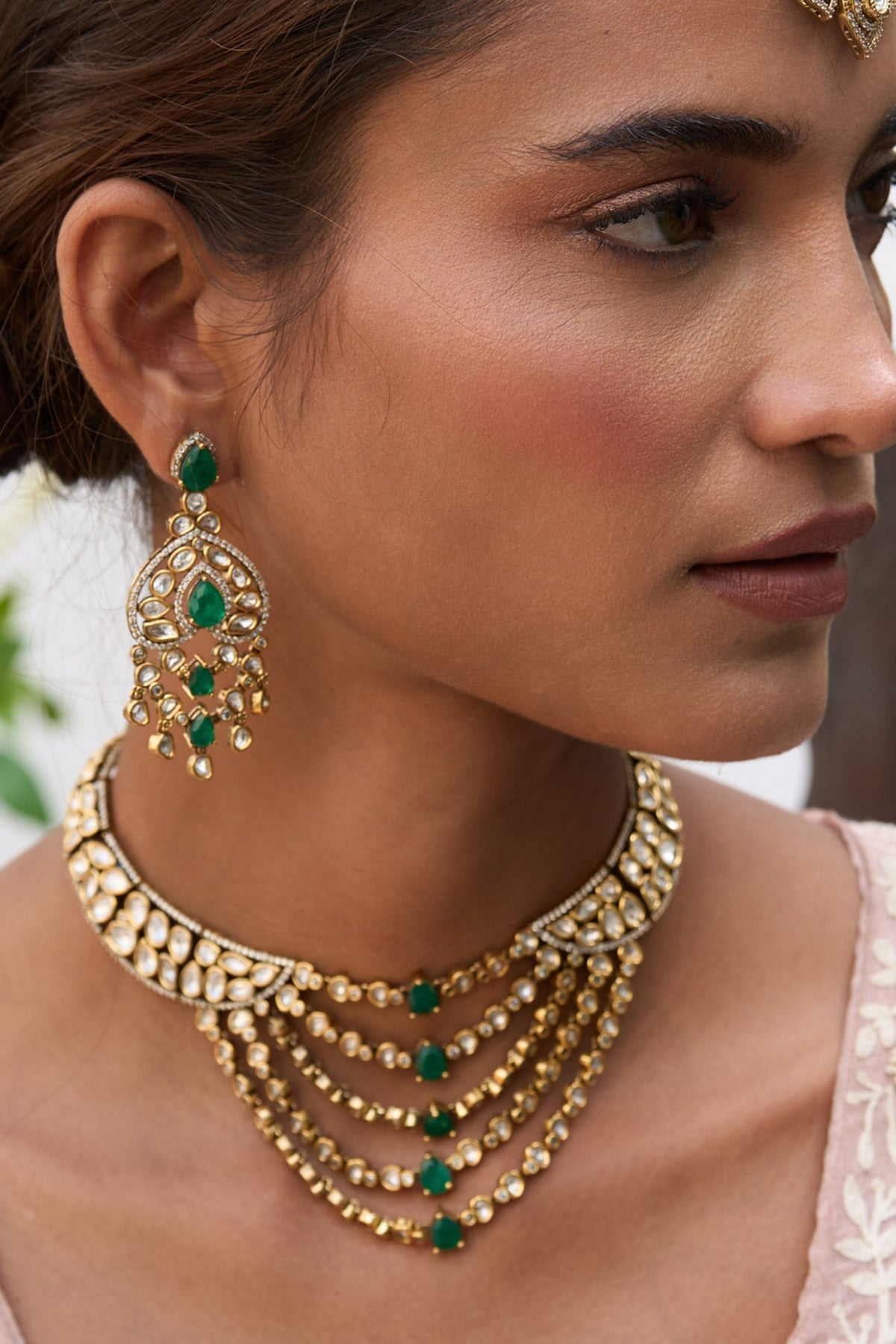 Antique Gold Finish Green Kundan Polki Necklace Set