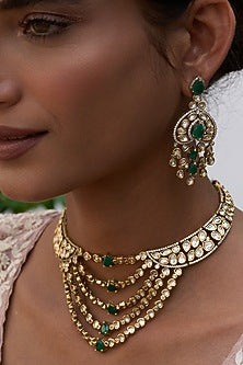 Antique Gold Finish Green Kundan Polki Necklace Set