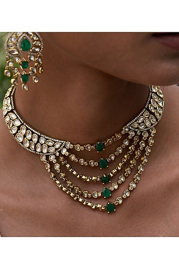 Antique Gold Finish Green Kundan Polki Necklace Set