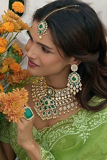 Antique Gold Finish Green Zircon Necklace Set