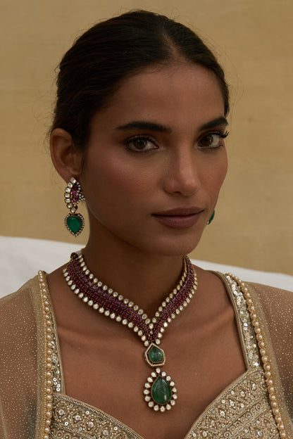 Gold Finish Green Zircon Long Necklace Set