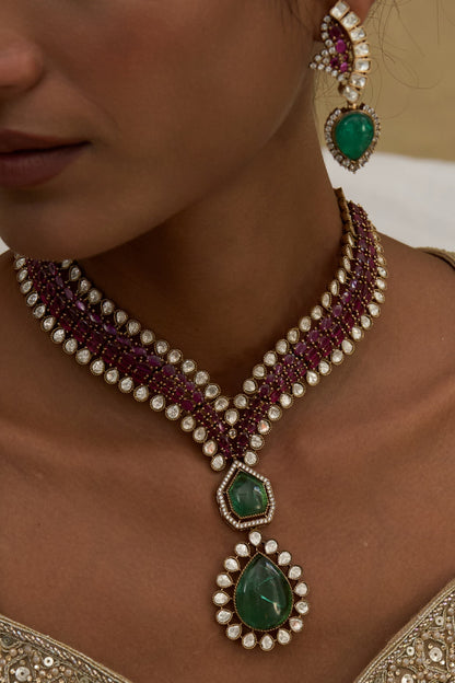 Gold Finish Green Zircon Long Necklace Set