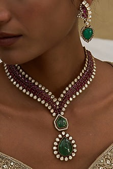 Gold Finish Green Zircon Long Necklace Set