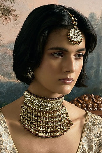Gold Finish Green Kundan Polki Necklace Set