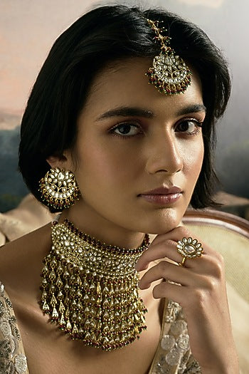 Gold Finish Green Kundan Polki Necklace Set
