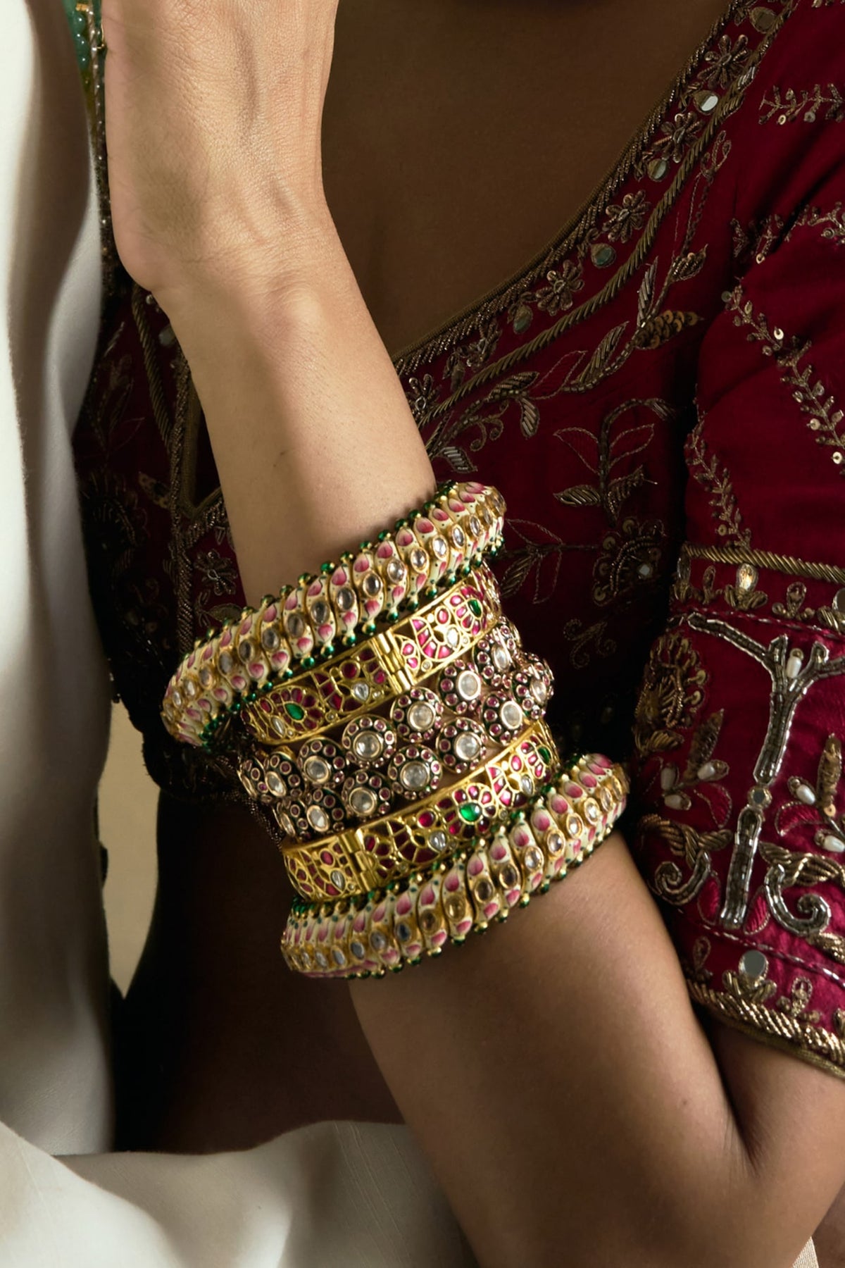 Gold Finish Red Kundan Polki Bangles (Set Of 2)