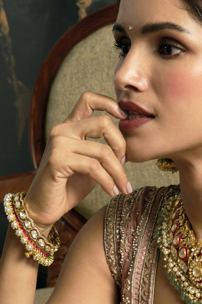 Antique Gold Finish Kundan Polki Bangles (Set Of 2)