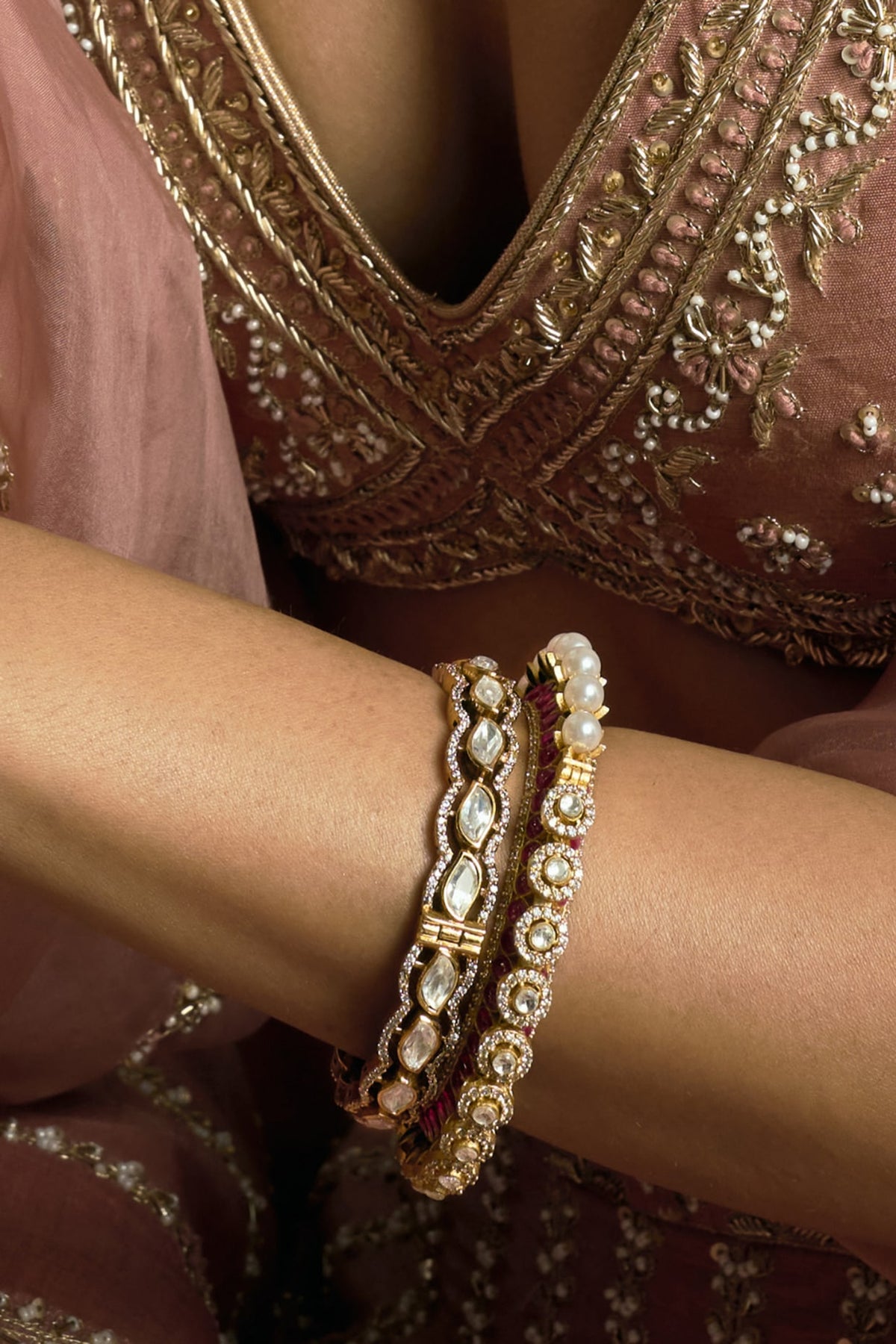 Antique Gold Finish Kundan Polki Bangles (Set Of 2)