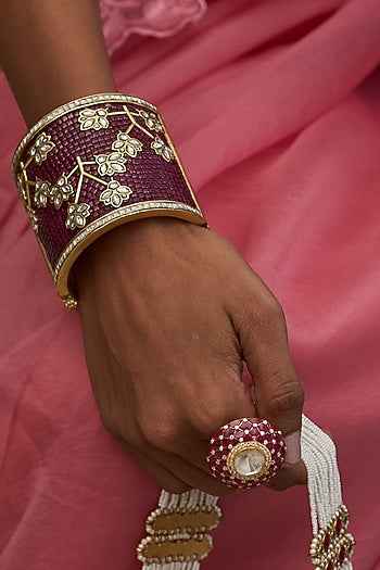 Gold Finish Red Kundan Polki Bangles (Set Of 2)
