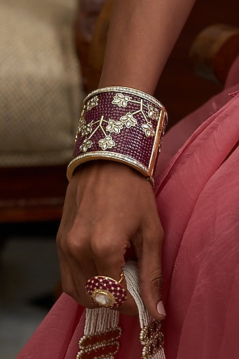 Gold Finish Red Kundan Polki Bangles (Set Of 2)