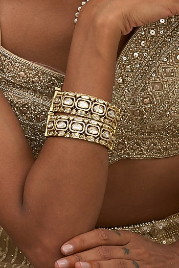 Gold Finish Kundan Polki Bangles (Set Of 2)