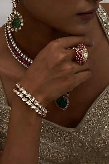 Gold Finish Moissanite Polki Bangles (Set Of 2)