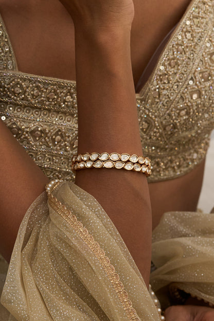 Gold Finish Moissanite Polki Bangles (Set Of 2)