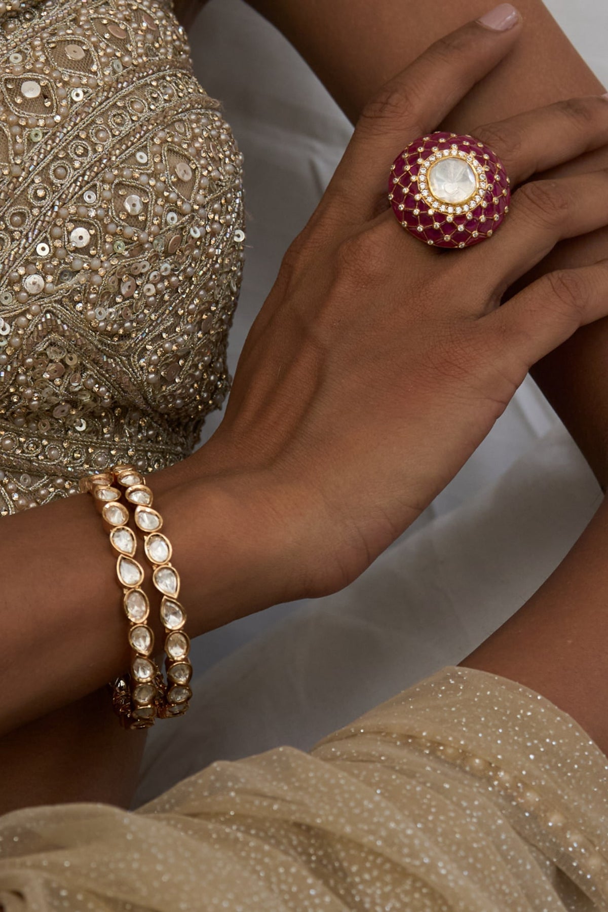 Gold Finish Moissanite Polki Bangles (Set Of 2)