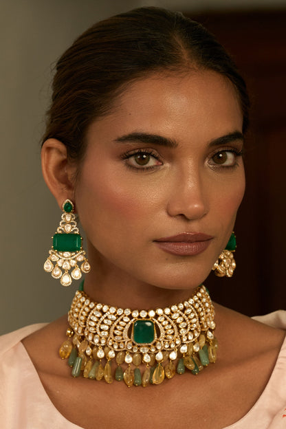Gold Finish Green Kundan Polki Dangler Earrings