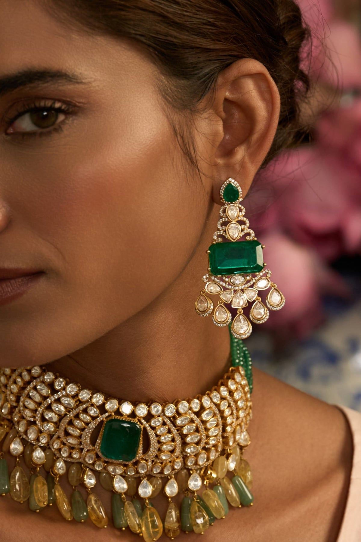Gold Finish Green Kundan Polki Dangler Earrings