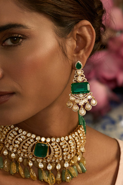 Gold Finish Green Kundan Polki Dangler Earrings