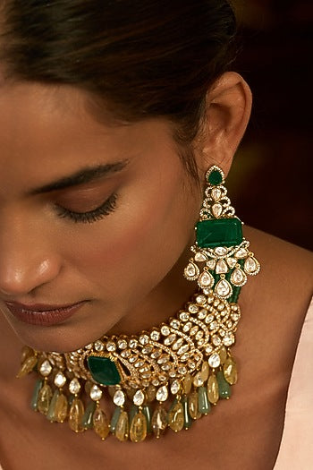 Gold Finish Green Kundan Polki Dangler Earrings