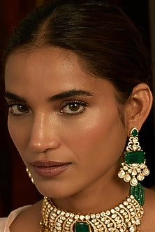 Gold Finish Green Kundan Polki Dangler Earrings