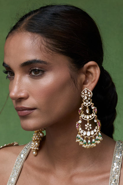 Gold Finish Kundan Polki & Ruby Stone Chandbali Earrings