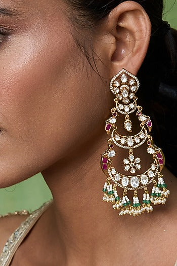 Gold Finish Kundan Polki & Ruby Stone Chandbali Earrings