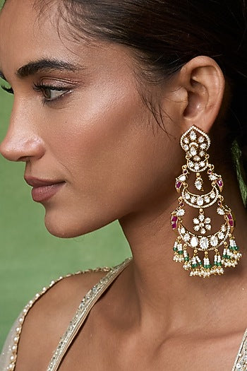 Gold Finish Kundan Polki & Ruby Stone Chandbali Earrings