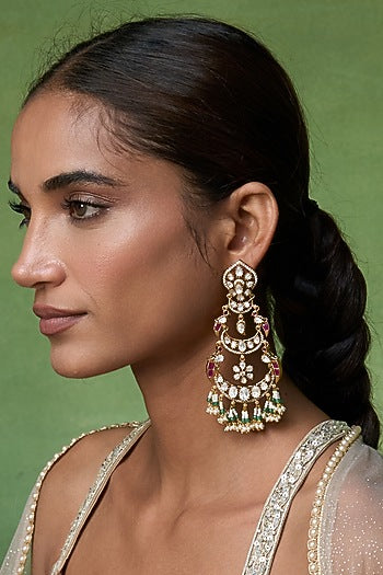Gold Finish Kundan Polki & Ruby Stone Chandbali Earrings