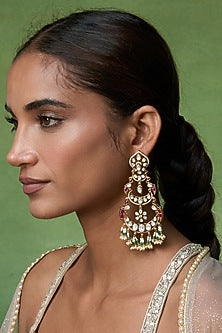 Gold Finish Kundan Polki & Ruby Stone Chandbali Earrings