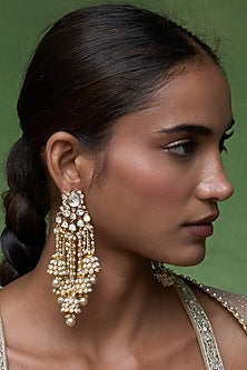 Gold Finish Kundan Polki & Pearl Statement Earrings